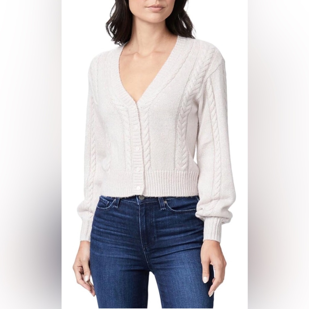 PAIGE Women's Sofie Cardigan Cropped Full Sleeves Cable Knit Pastel Pink/Silver